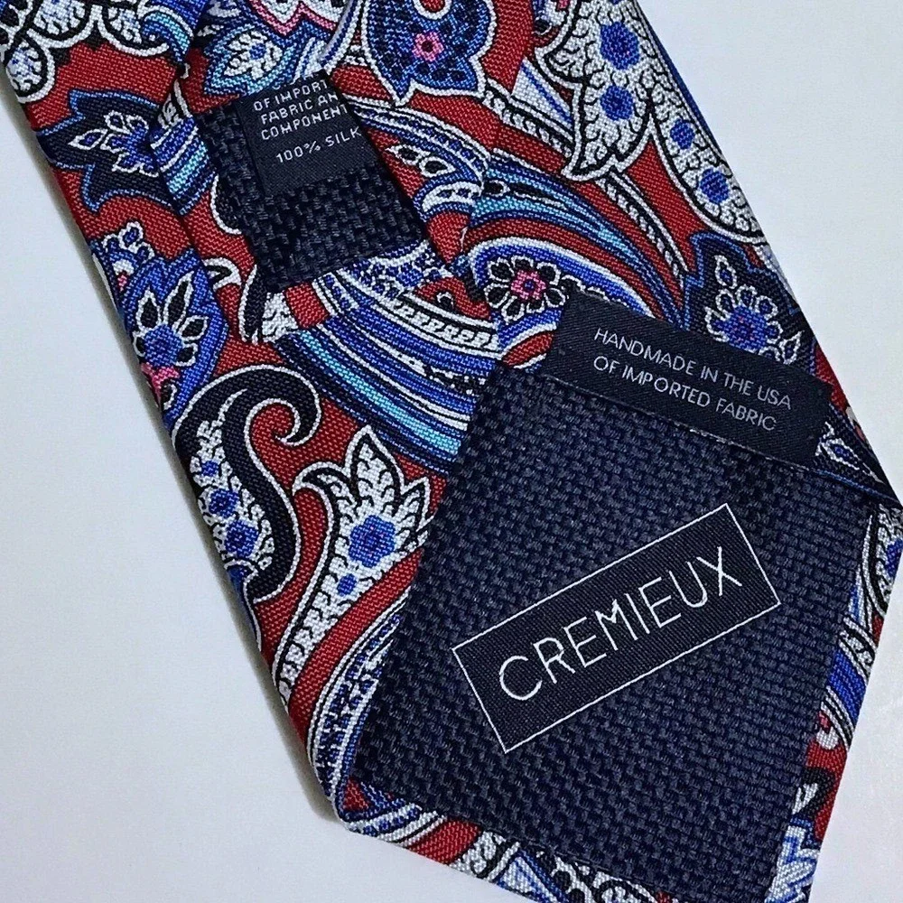 Cremieux Mens Silk Necktie Red Blue White Paisley Handmade‎ USA New With Tags
